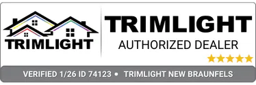 Logo for Trimlight Authorized Dealer featuring two houses outlined with colorful trim. Text reads Trimlight Authorized Dealer with four gold stars, and a gray bar below says Verified 1/26 ID 74123 - Trimlight New Braunfels.