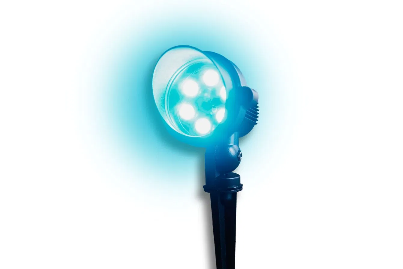 A black spotlight with four bright, glowing blue LED lights, casting a soft blue aura against a white background.