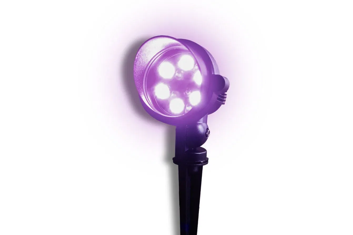 A black spotlight with four bright purple LED lights shines against a white background, casting a violet glow.