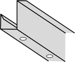 A black and white drawing of a metal bracket with two holes on a flat base and a vertical flange with a short horizontal lip.