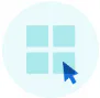 A blue computer cursor points at the bottom right square of a 2x2 grid of light blue squares on a white circular background.