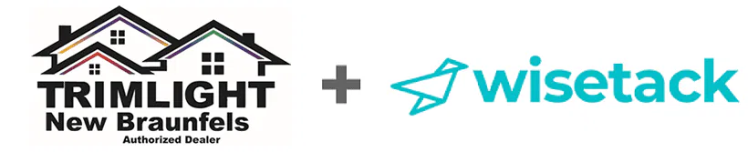 Logo for Trimlight New Braunfels, featuring three colorful roof outlines, appears next to a plus sign and the Wisetack logo with an origami-style blue paper airplane icon.