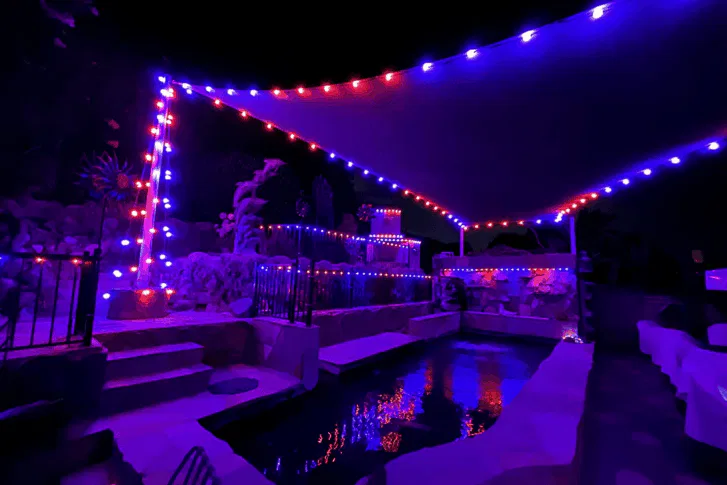 A nighttime view of a backyard pool area decorated with vibrant purple and red string lights, casting colorful reflections on the water and illuminating the surrounding stone structures and plants.