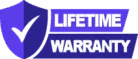 A purple shield with a white checkmark appears next to bold text that reads Lifetime Warranty in white and purple on a light background.