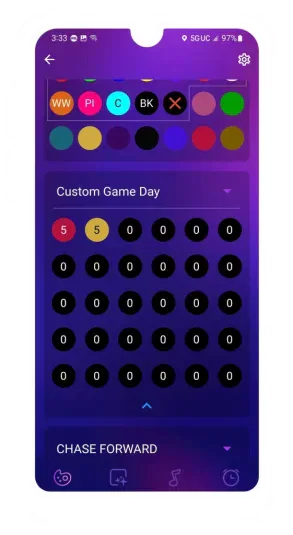 A smartphone screen shows a colorful user interface for customizing a game. Colored circles with initials are at the top, followed by a Custom Game Day section with a grid of circles, some labeled 5 and others 0.