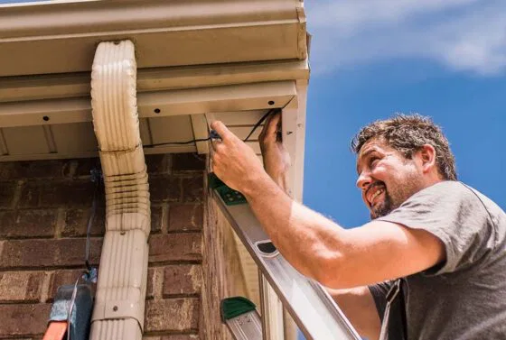 A man stands on a ladder, repairing or inspecting the underside of a house roof’s gutter system on a brick wall, using a screwdriver, with a blue sky in the background.