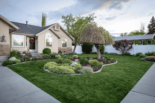 A well-maintained front yard with green grass, landscaped garden beds, shrubs, and a small tree in front of a beige house, bordered by a concrete driveway and sidewalk.